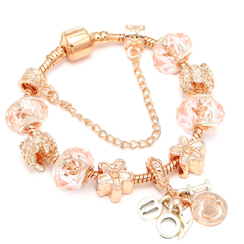 TOGORY 8 Style Rose Gold Love Beads Charm Bracelets For Girl Heart Pendant Fine Bracelet Women Brand Jewelry Dropshipping | Украшения и