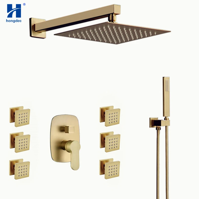 Роскошная латунная матовая Золотая дождевая Душевая система Hongdec для ванной