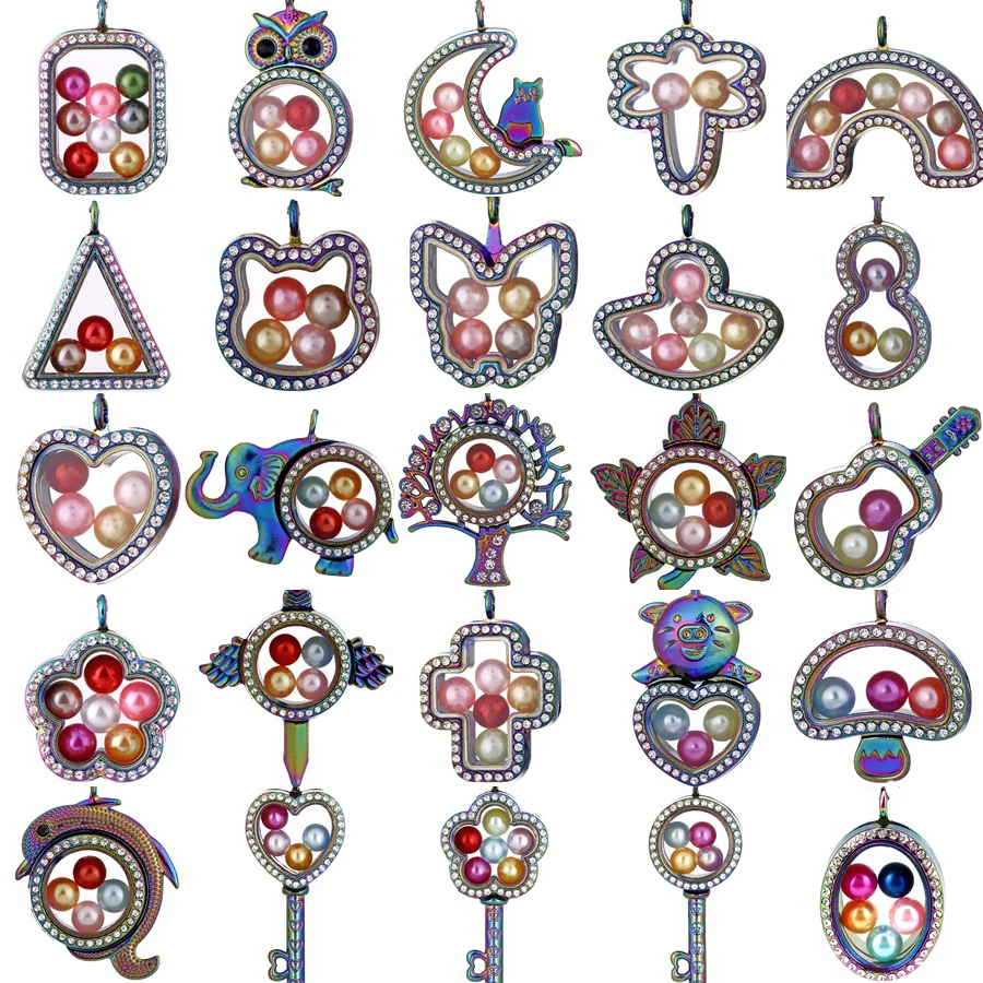 

RAINBOW Floating Living Memory Rhinestone Locket Pendant fit 8mm Pearl Cage Photo Charms Pendant with Steel Chain Necklace or no