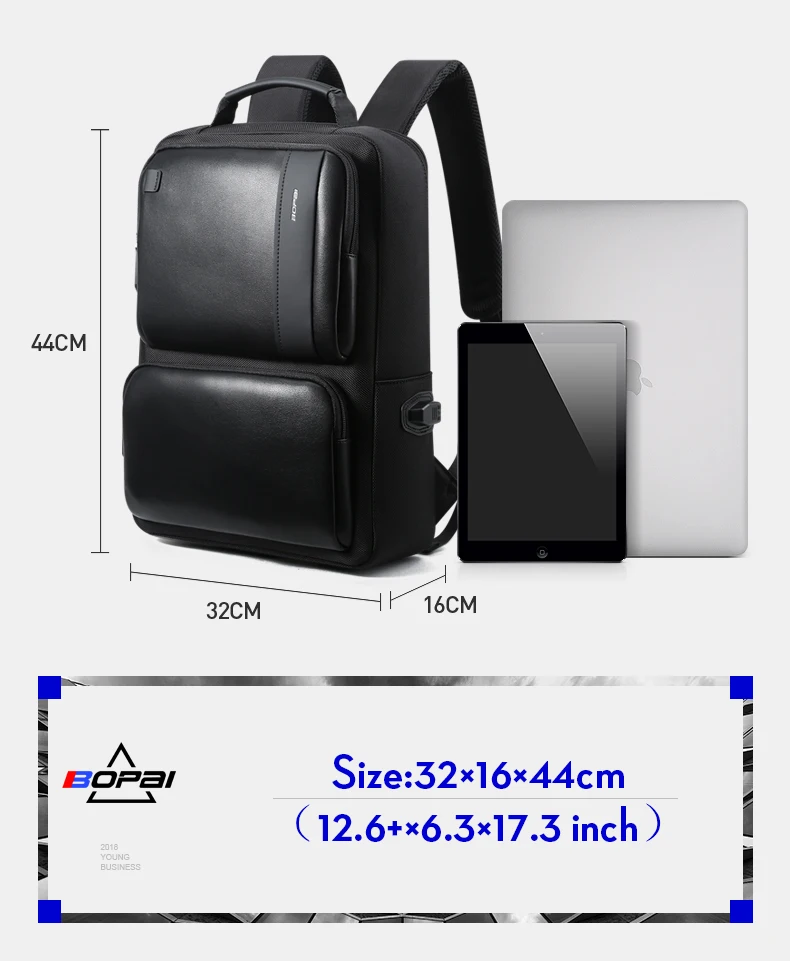BOPAI Mochilas, корейский стиль, 15,6 дюймов, рюкзак для ноутбука, USB зарядка, 14 дюймов, водонепроницаемый мужской рюкзак, рюкзак для путешествий, черный рюкзак