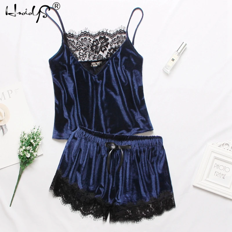 Navy Blue Женский бархатный пижамный комплект, одежда для сна, сексуальный Повседневный пижамный комплект, Черная кружевная Пижама с v-образным вырезом, без рукавов, милый топ на бретельках и шорты - Цвет: Navy Blue