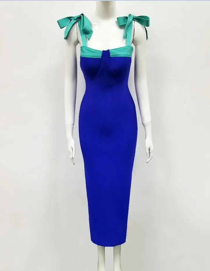 Синий Топ Качество Синий Красный скольжения по колено Bodycon платье вечернее платье Bodycon платье - Цвет: Синий