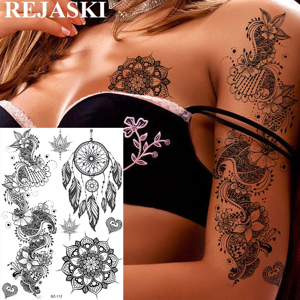 

REJASKI Dream Catcher Mandala Flower Temporary Tattoos Sticker Black Henna Fake Tattoo For Women Body Art Arm Custom Tattoo