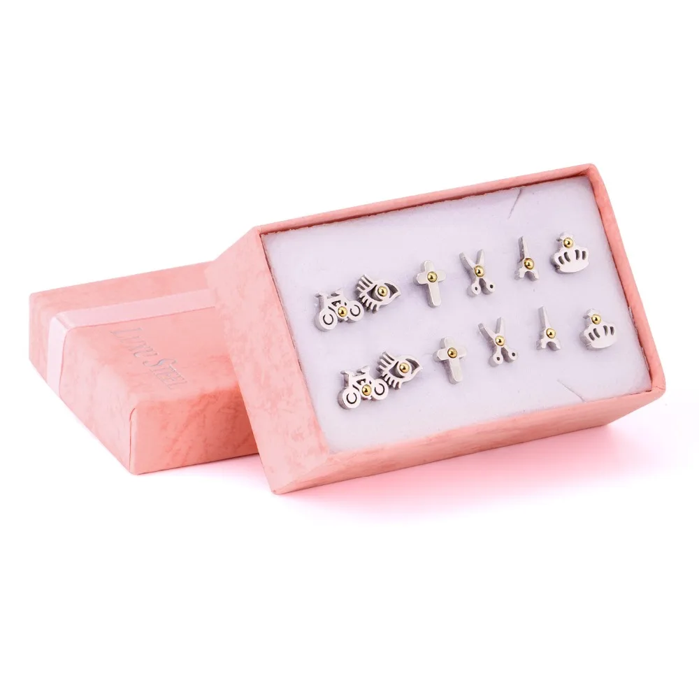 Женские серьги гвоздики из нержавеющей стали LUXUKISSKIDS набор 6 пар/кор. сережек с