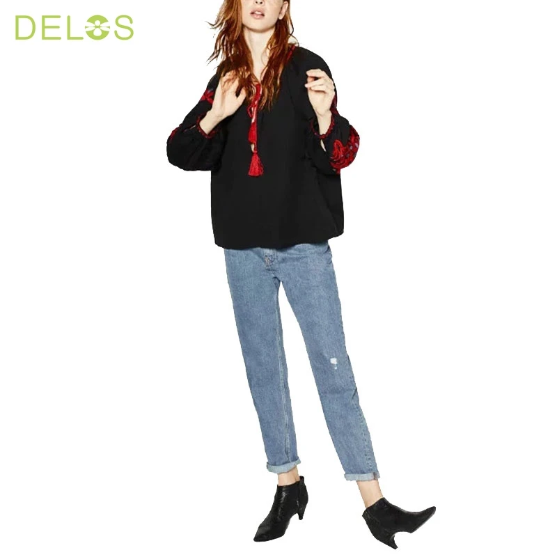 ДЕЛОС Геометрическая Вышивка Кисточкой Блузка Femme Кружева Дамы Свободные Черные