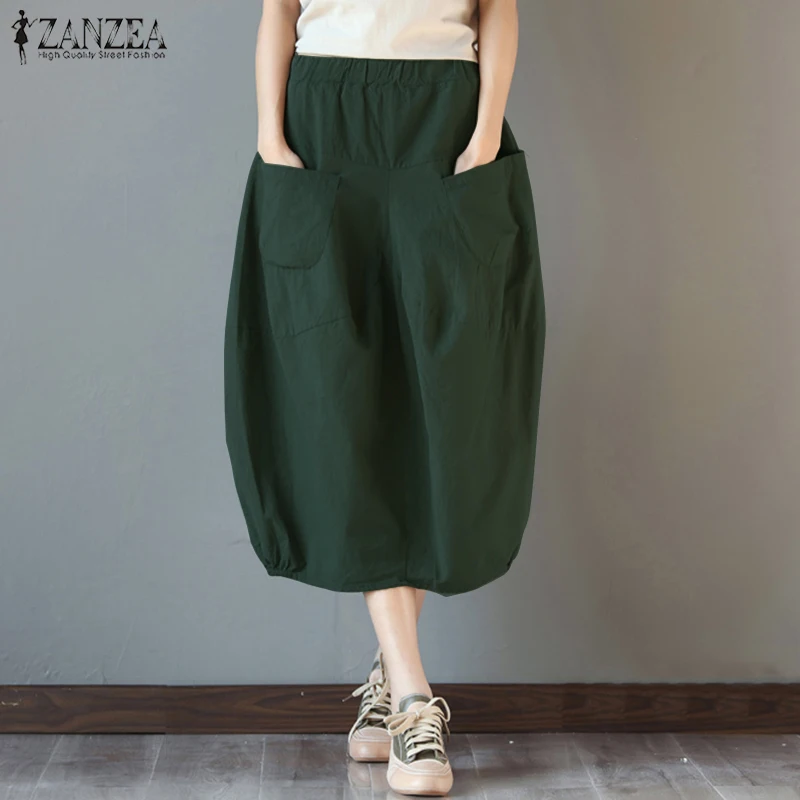 

ZANZEA Women Cotton Linen Skirts Pockets Casual Skirt 2021 Summer Midi Skirt Baggy Party Jupe Faldas Lantern Plus Size