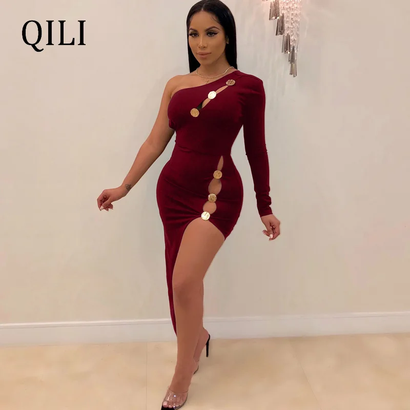 QILI женское платье на одно плечо с длинным рукавом сексуальные асимметричные