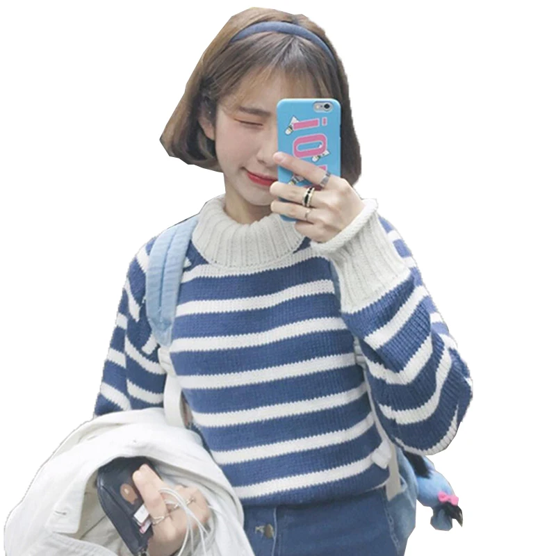Ulzzang в японском стиле Повседневный Harajuku женский зимний Retro College Wind водолазка Свободный Полосатый свитер для влюбленных плюс размер