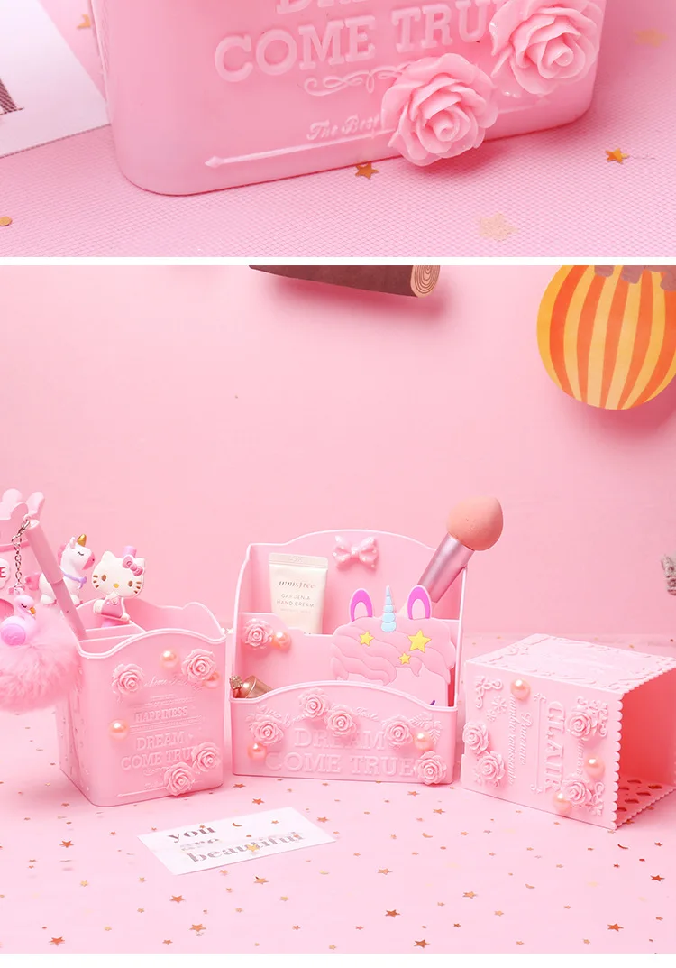 Pink Carve Cosmetic Brush Storage Box Holder Makeup Skin Care Rack Mobile Phone Stationery Organizer Container Pencil Bucket Bin