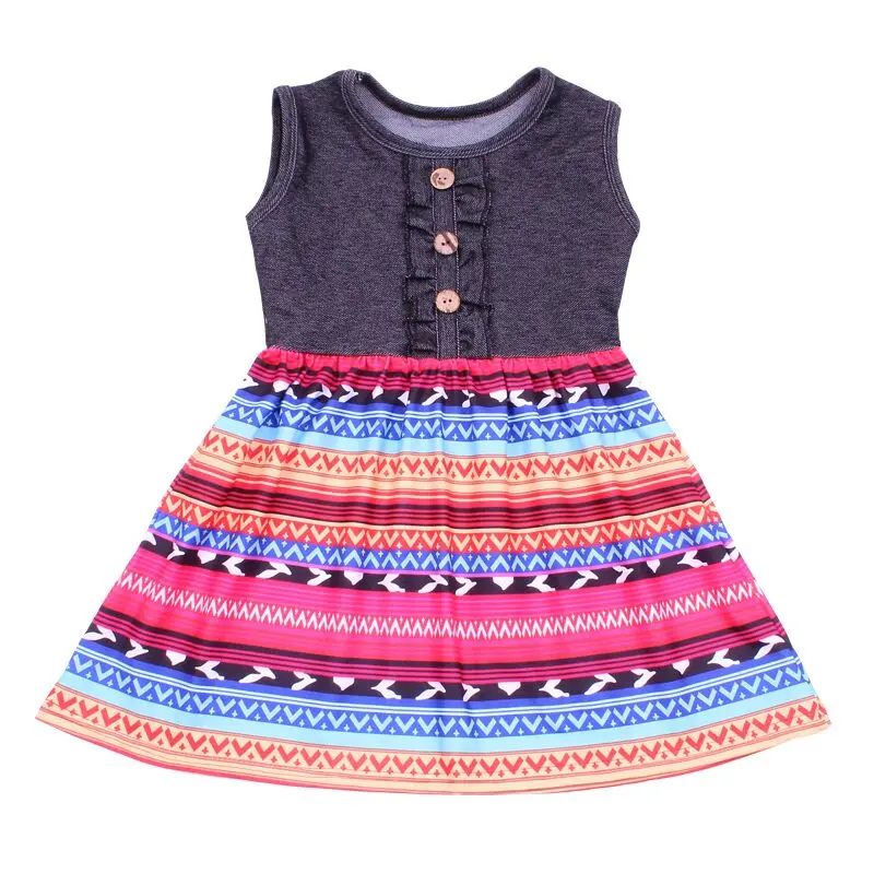 

Special Jeans Kids Clothings Button Design A Line Girls Boutique Dress Bohemia Style Printing Frocks For 0-7 Years Toddlers