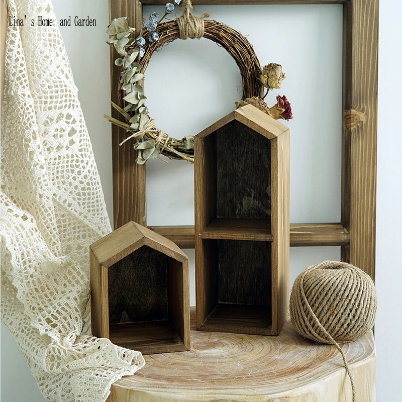 

house shaped vintage brown solid pine wood table top display shelves