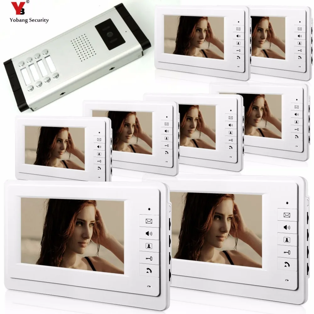 

Yobang Security 7 Inch Wired Video Door Phone Visual Intercom Doorbell with 8 *Monitor+1* Camera For 8 Units Apartment