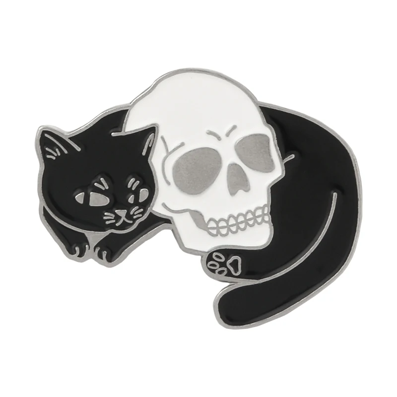 skull cat silver Мистическая ведьма кошка эмалированная булавка луна и звезды значок с изображением кота брошь лацкан булавки джинсовая рубашка сумка панк ювелирные изделия подарок для друзей - Окраска металла: skull cat silver
