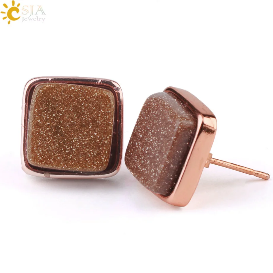 Brown Sand CSJA квадратные натуральные серьги-гвоздики с камнем кристалл кварц розовое золото цвет серьги для женщин Мода девушки украшения для ушей, серьги G036 - Окраска металла: Brown Sand