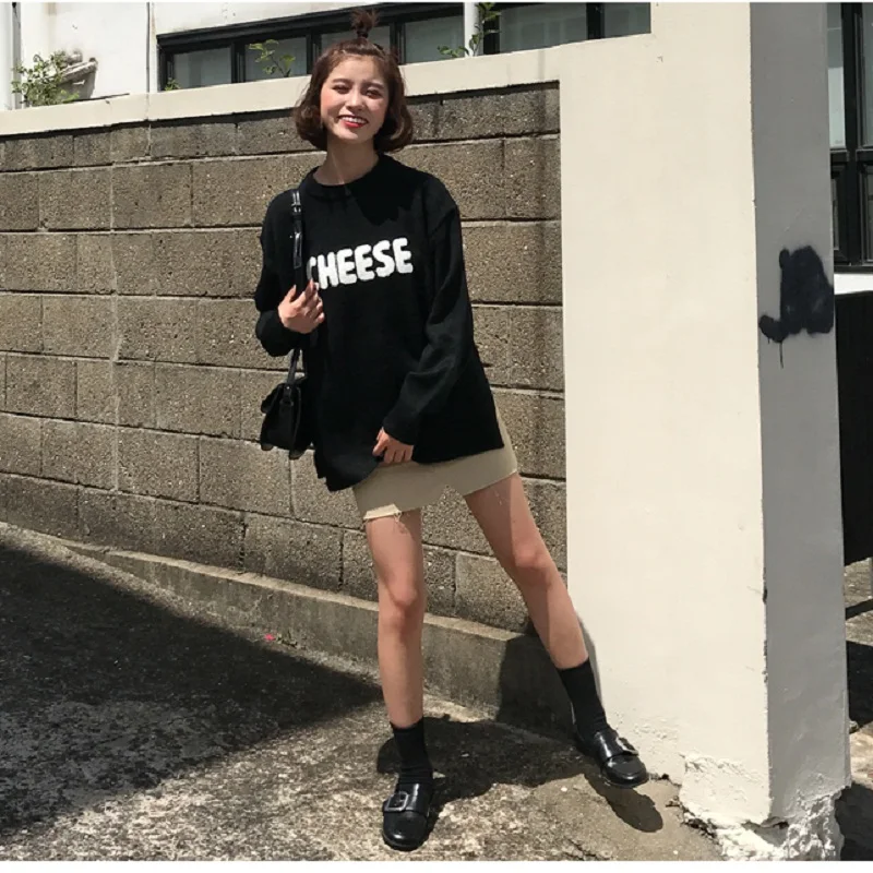 Korean version of the school style cheese letters embroidery loose wild long-sleeved round neck sweater women | Женская одежда