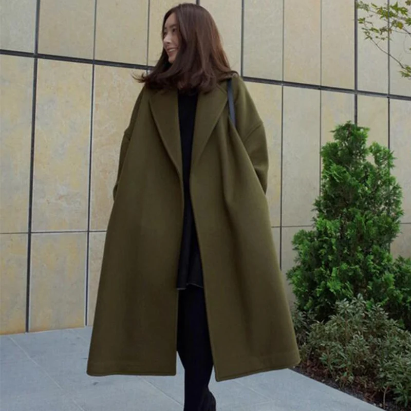 

2019 Autumn Winter long Woolen Coat Women Solid color Long sleeve Pockets Leisure loose Female Wool Jacket cc141