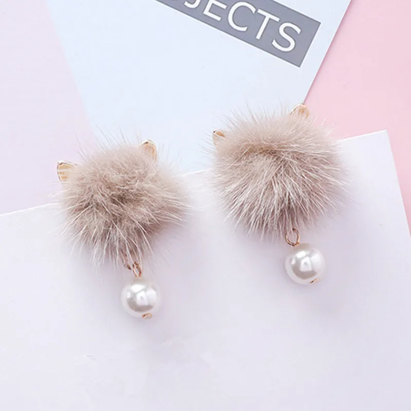 

Fashion Lovely Cat Ear Fur Ball Earrings for Girls Women Pearl Pendant Statement Drop Dangle Earring Cute Gift Jewelry 6G1004