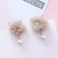 fashion lovely cat ear fur ball earrings for girls women pearl pendant statement drop dangle earring cute gift jewelry 6g1004