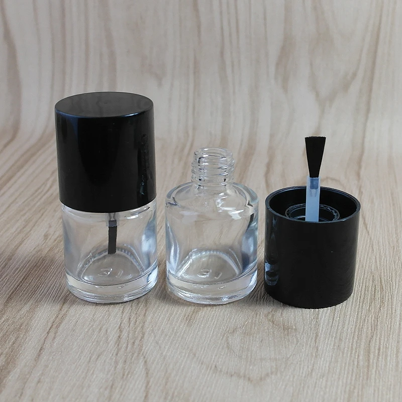 50pcs/lot 10ml Empty Nail Polish Bottle w/ Brushes Mini Nail Glass Bottle Transparent Nail Enamel Bottle with Black cap