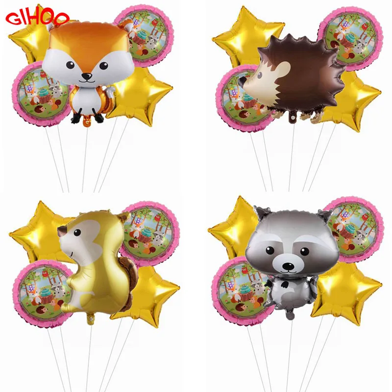 

5pcs Large Forest Animal Balloons Fox Hedgehog Raccoon Squirrel Foil Ballons Happy Birthday Party Decoration Kids Children's Toy