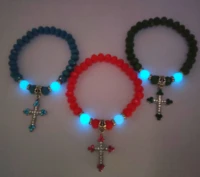 fashion glow cross bracelet jesus religious cross sign beaded bracelet men and women glowing luminous multicolor jewelry