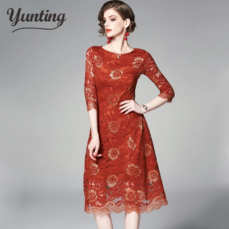 Women Casual Lace Dress New Brand 2021 Autumn Fashion England Style A-line Eleagnt Slim Ladies Party Dresses | Женская одежда