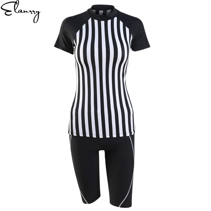 Sexy Swimwear Striped Swimsuit Women Surfing Suits 2019 New Short Sleeves 2 pieces Padded Rashguards Summer Beach Wear Ladies | Спорт и