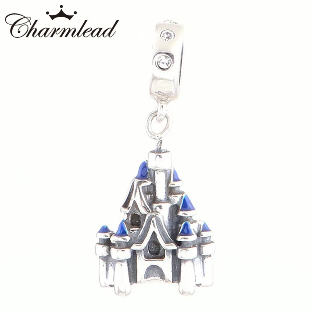 Серебряный подвесной шарм "Замок из голубой эмали" 925 Sterling Charms для женских браслетов DIY подходит для оригинальных чармов браслетов.