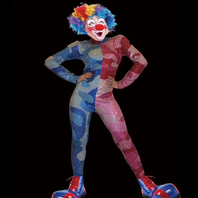 

New Halloween adult clown Blue Red Stitching Shiny Rhinestones props funny clothes men and women cosplay show costumes jumpsuit