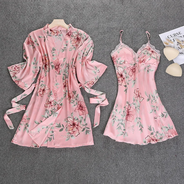 

Spring NEW Womens 2pcs Robe Suit Sleepwear Casual Home Wear Pajamas Sexy Strap Nightwear Sleep Kimono Bath Gown Sets Flowers