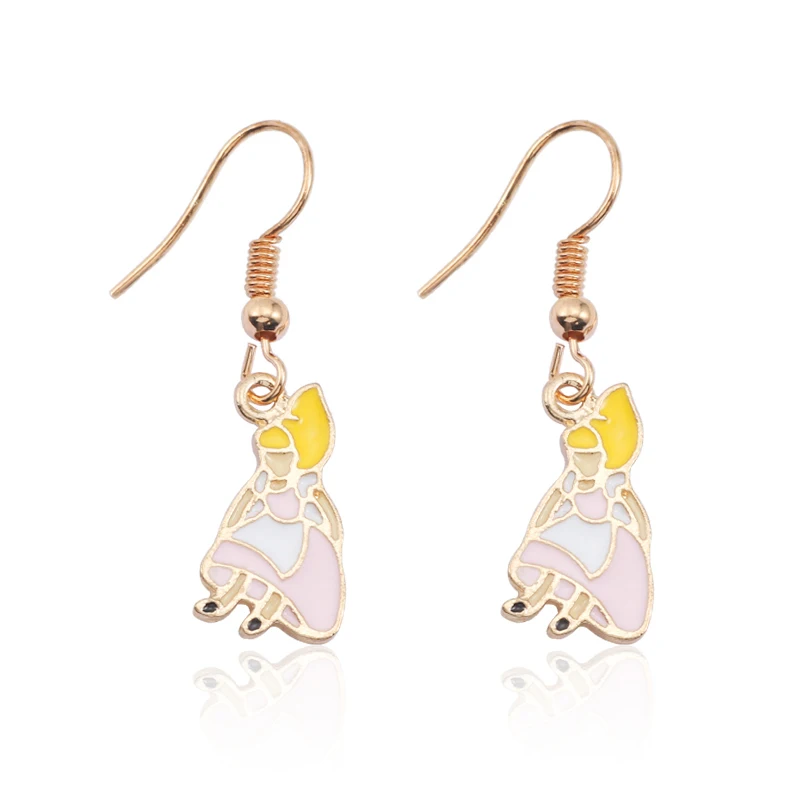 pink alice Женские серьги с животными из мультфильмов, милые золотые серьги с эмалью, Алиса, Бабочка, Русалка, пчела, лиса, кошка, висячие серьги для девочек, детские ювелирные изделия, подарки - Окраска металла: pink alice