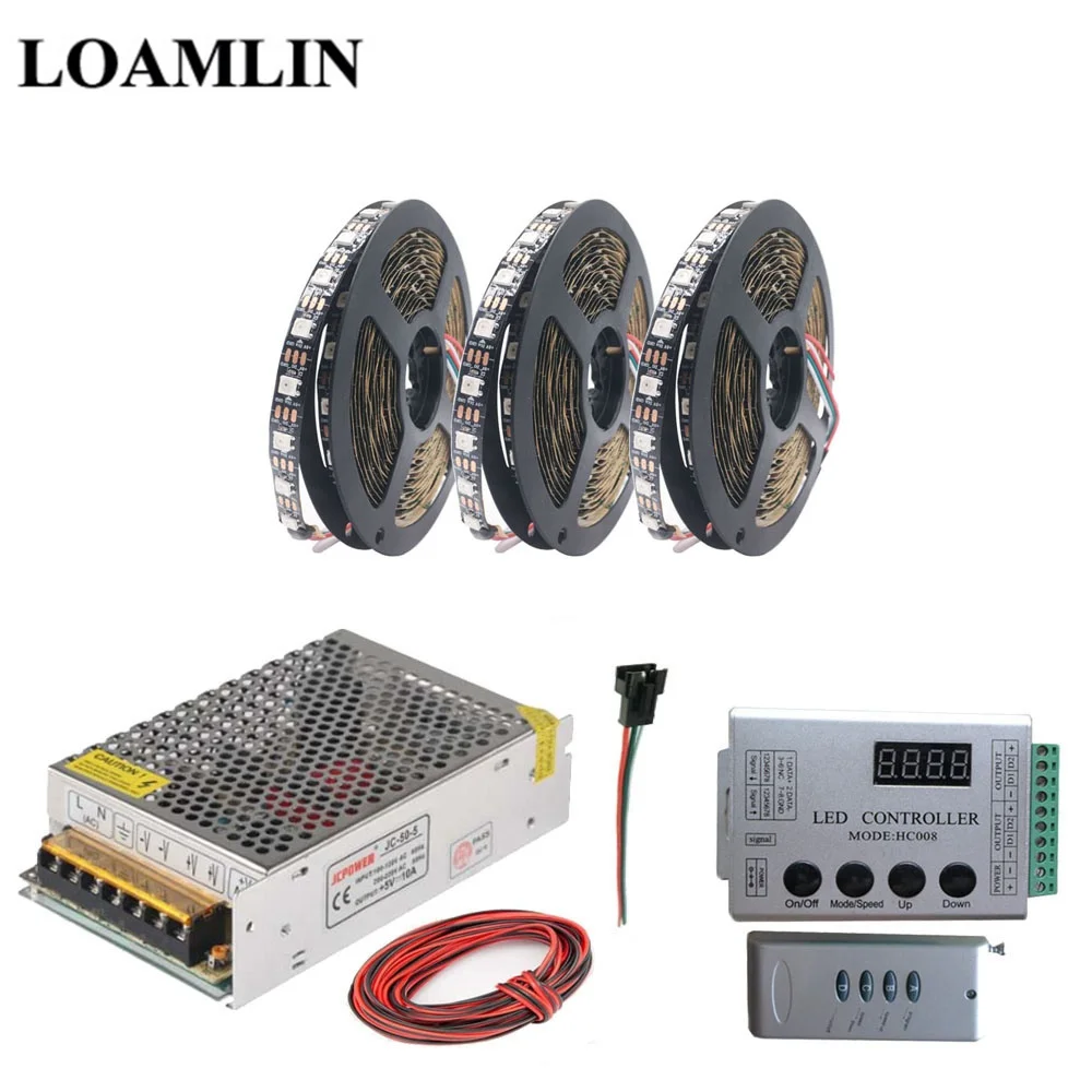 15m WS2812B WS2812 RGB светодиодный светильник HC008 Программируемый RGB светодиодный пиксельный контроллер DC5V светодиодный трансформатор комплект - Испускаемый цвет: 15m