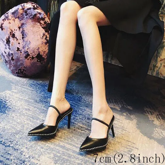 black heel 7 cm Металл высокие каблуки Женская обувь марка ремень итальянский Мулы домашние тапочки Указательный палец Slingback шпилька 3 дюймовый сандалии насосы стилет Китай мода новая китайская зима - Цвет: black heel 7 cm