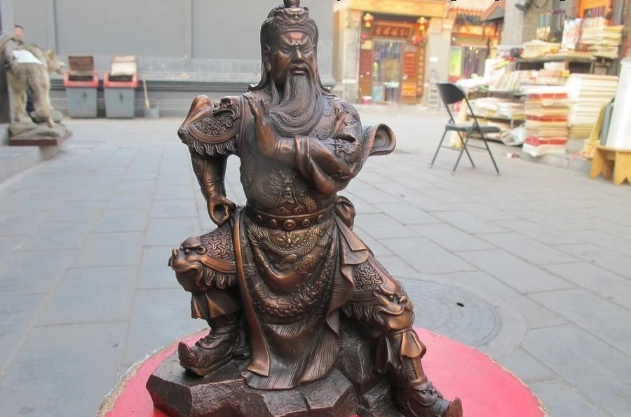 

11"Chinese Exquisite Red Bronze Dragon Guan Gong warrior Buddha Guan Yu Statue 26CM