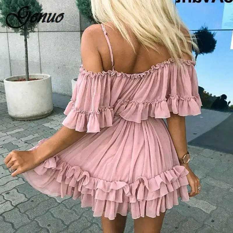 Genuo с открытыми плечами шифоновые летние платья для женщин Плиссированное