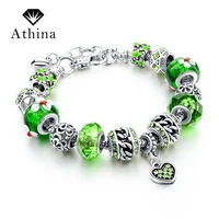 hot sale silver heart bracelet green crystal charms snake chain bracelets bangles pulseira diy jewelry for women