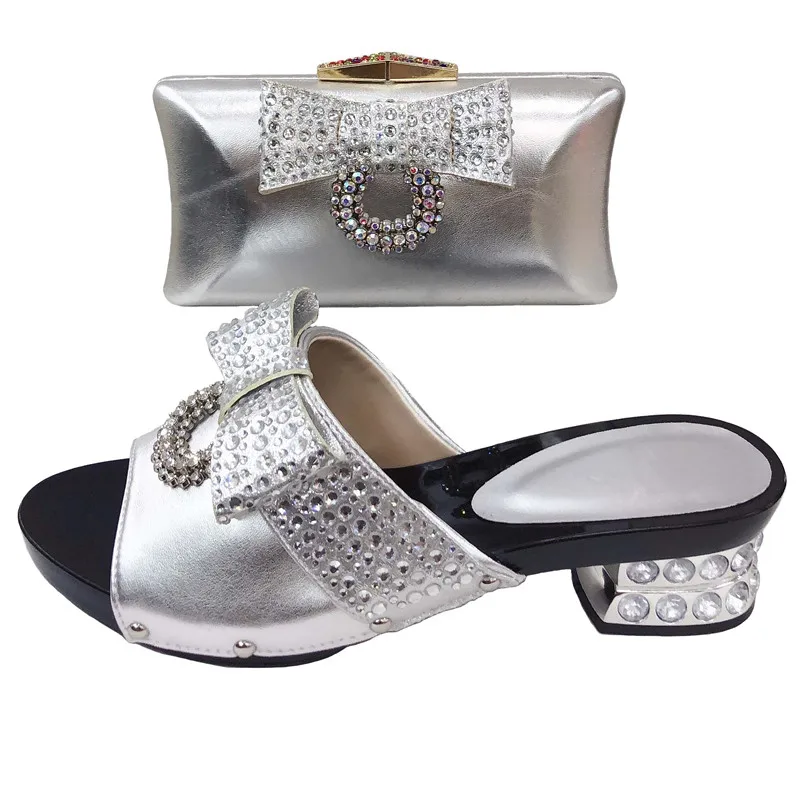 

2019 Latest Silver Color Fashion Party Italian Shoes And Clutch Bags To Match Set African High Heels Slippers for Wedding Party