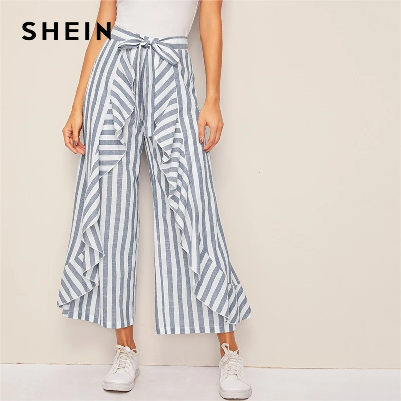 SHEIN двухцветные брюки палаццо с оборками и поясом, Boho, с высокой талией, широкие брюки, весна-лето, свободные женские брюки в полоску
