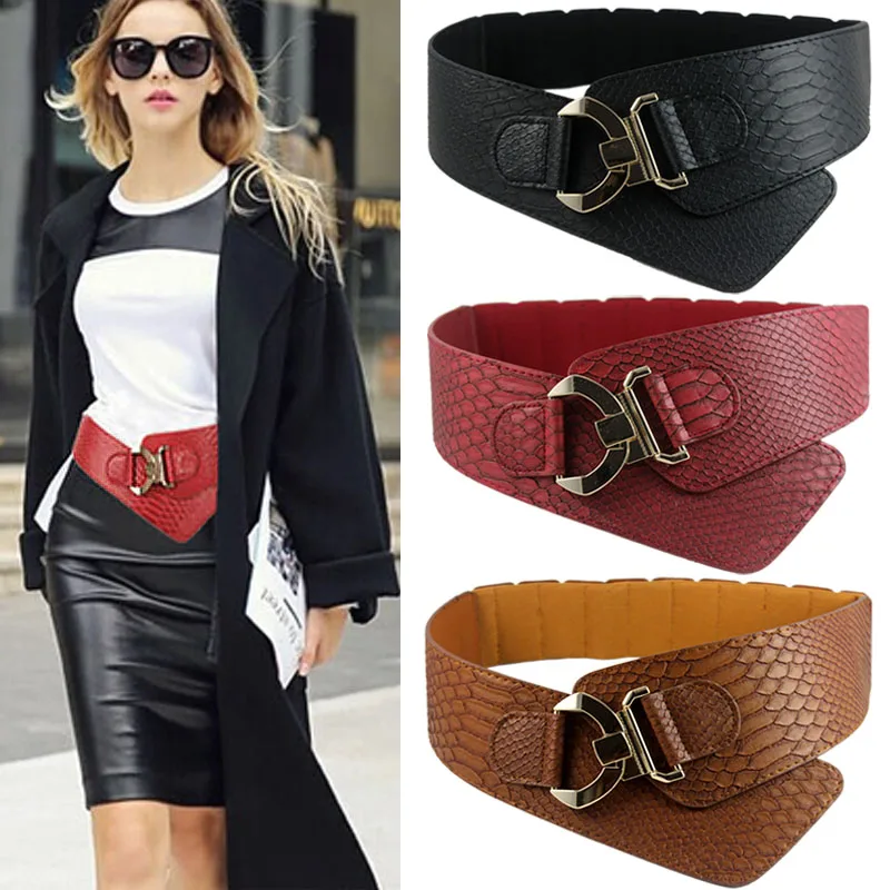 2019Fashion Woman Waist Belt PU Leather Snakeskin Pattern Oblique Elastic Personality Ladies Girls Super Wide Belts Factory Sale