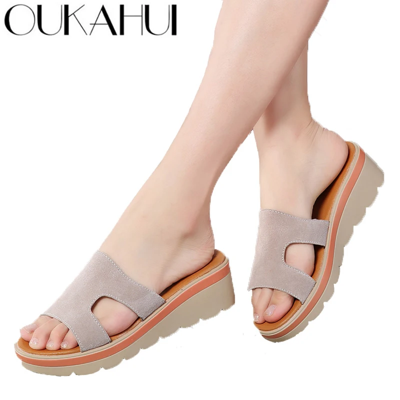OUKAHUI Fashion Genuine Leather Thick Soled Sandals Women Shoes Summer Wedges Cow Suede Increased 6cm Beach Slippers New | Обувь