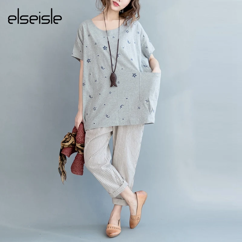 Elseisle 2017 женская футболка летний уличный стиль звездный узор рукав летучая мышь