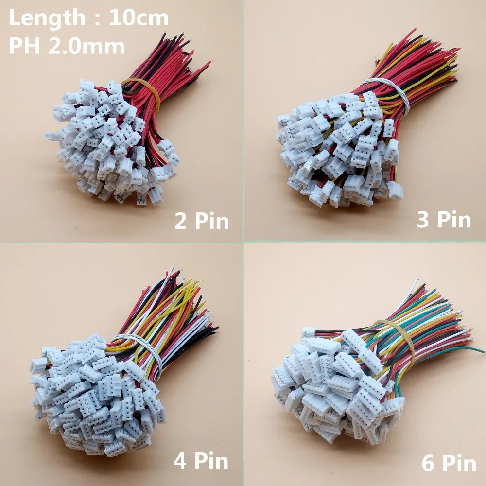 100pcs/lot JST 2.0 PH 2.0mm 2/3/4/5/6/7/8/9/10/12-Pin Connector Plug With Wires Cables 10cm 26AWG