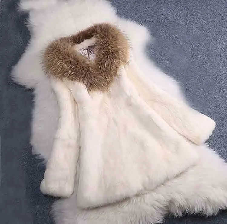 Beige Женское натуральное мягкое пальто из натурального меха кролика с большим натуральным воротником из натурального меха енота, длинное пальто на заказ, большие размеры, низкий WSR157 - Цвет: Beige