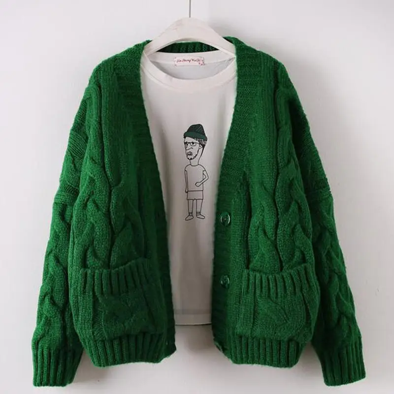 Осень зима 2018 вязаный свитер женский кардиган плотный свободный Однотонный