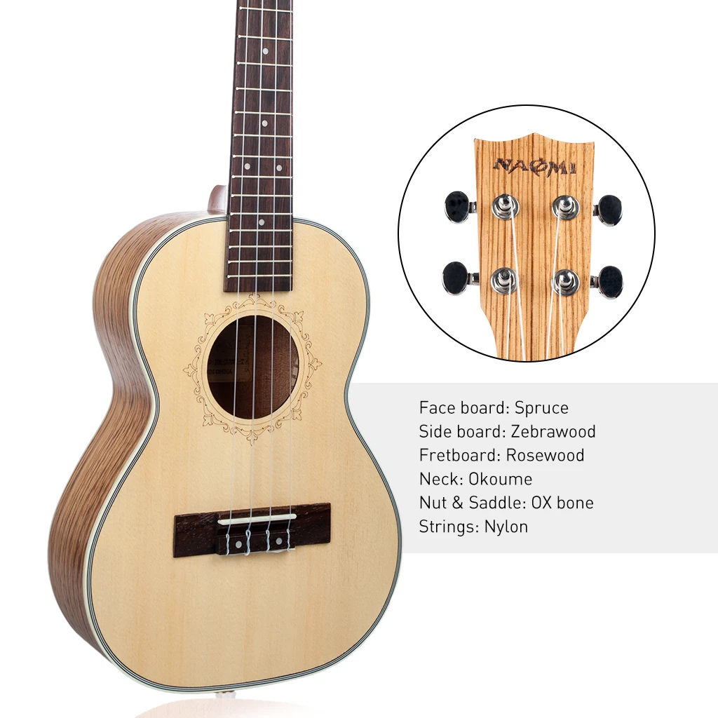 Укулеле NAOMI 26 дюймов твердая ель топ Zebrawood красное дерево укулеле 4 струны