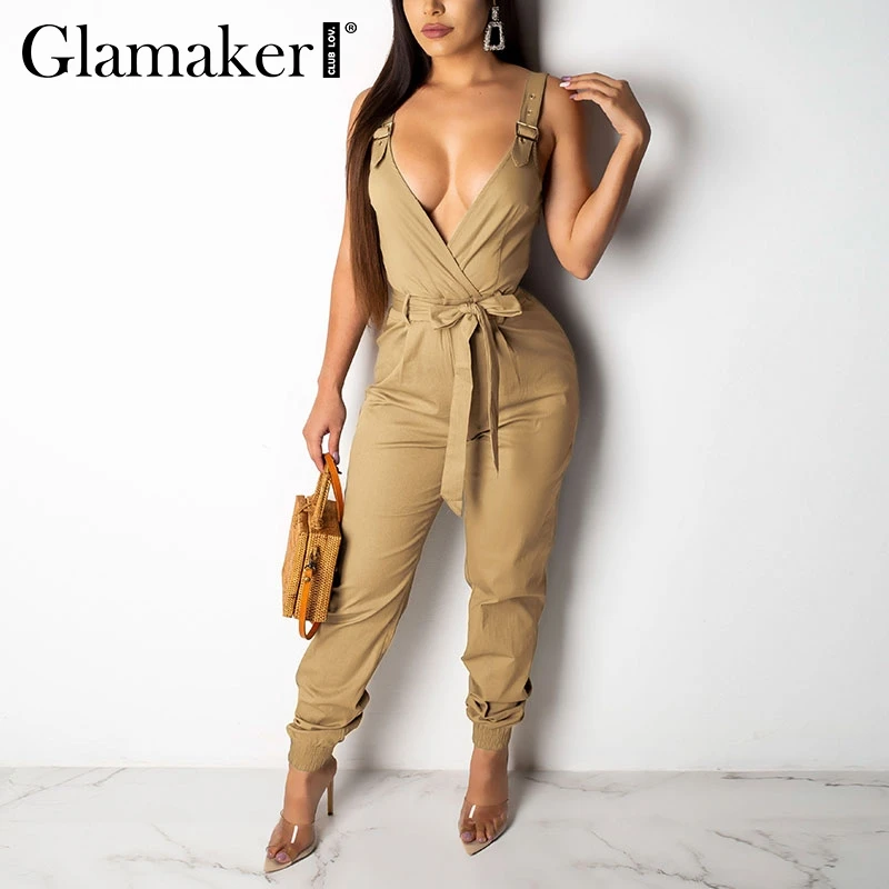 Glamaker хаки хлопок шикарный брючный костюм с бретельками для женщин на шнуровке