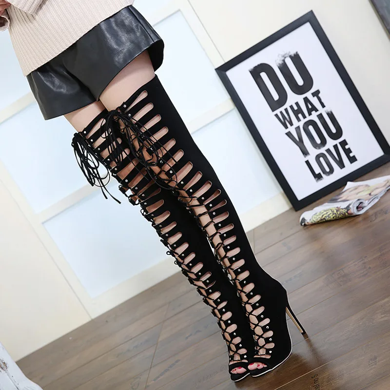 KARINLUNA Brand New Big Size 40 Cross Tied Zip Ladies High Heels Hollow Shoes Woman Casual Party Sexy Summer Over The Knee Boots