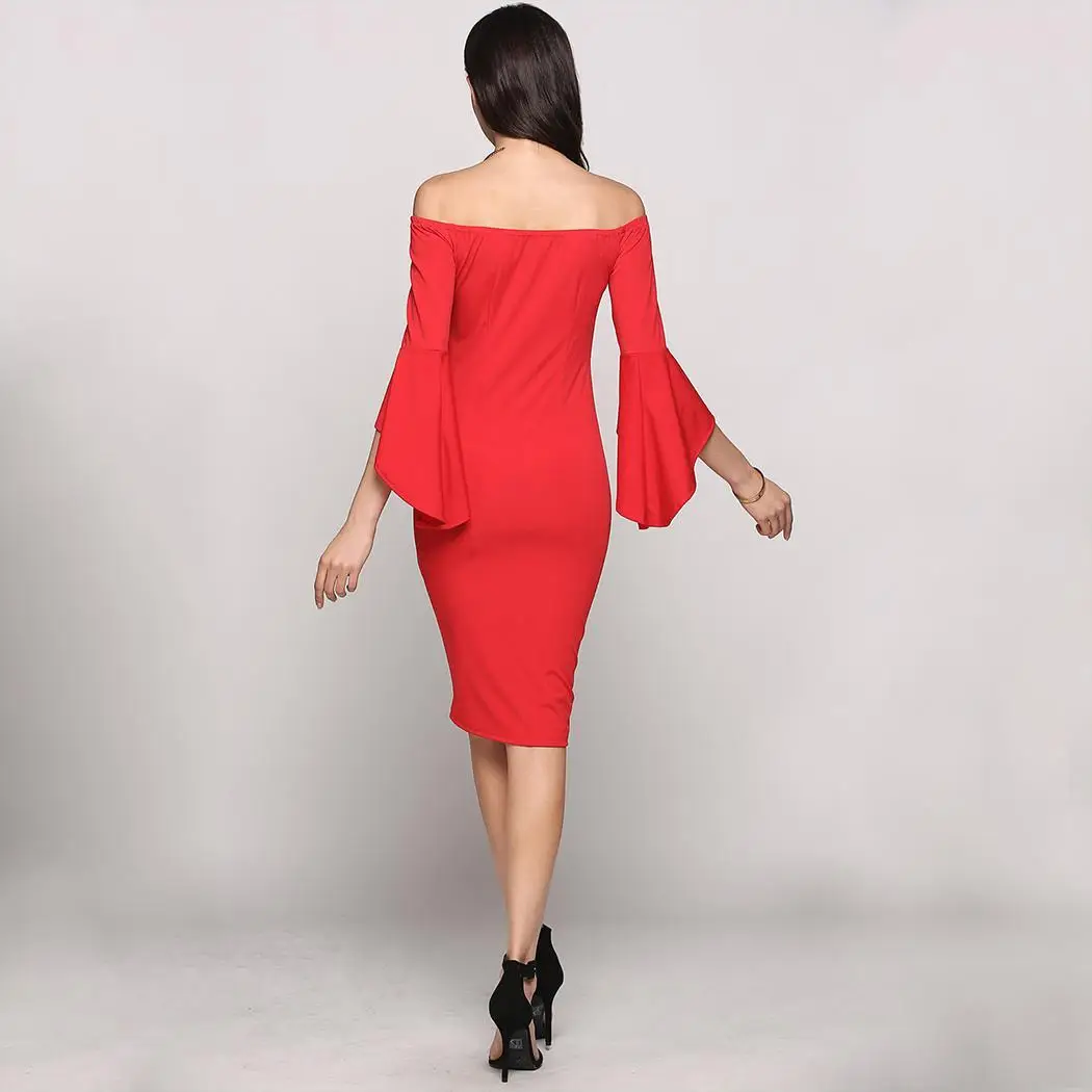 Колокол Асимметричный 3/4 рукав от плеча Твердые Bodycon выходить платье|Женские
