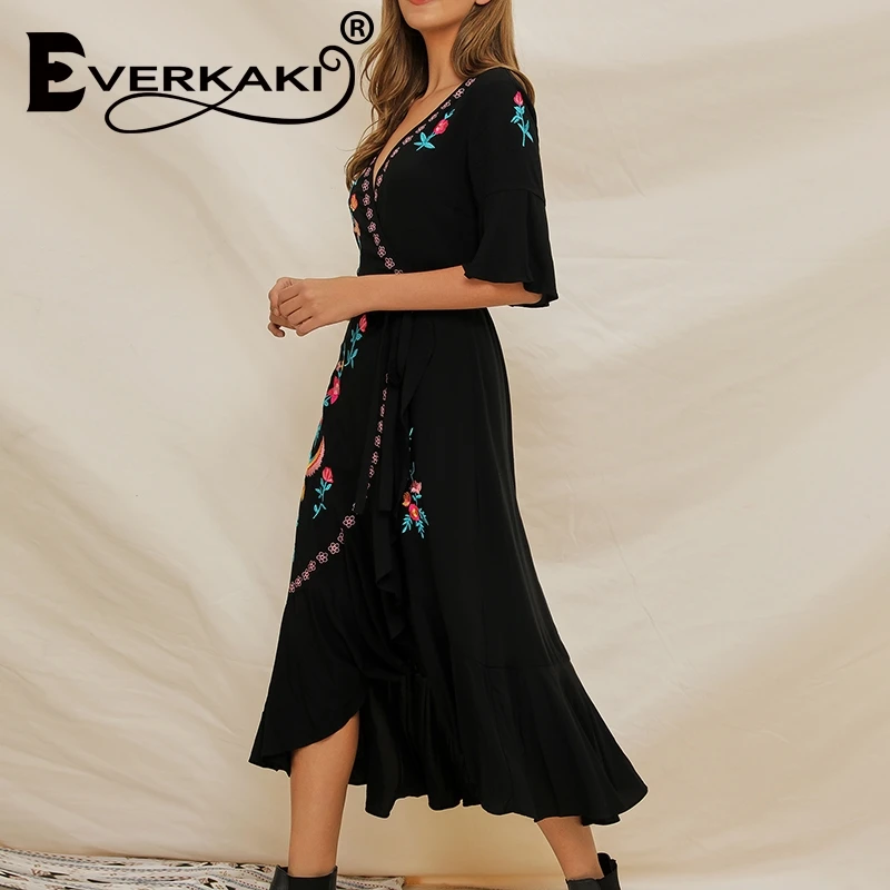 Everkaki черное Бохо длинное праздничное женское платье 2019 Подиум хлопок вышивка