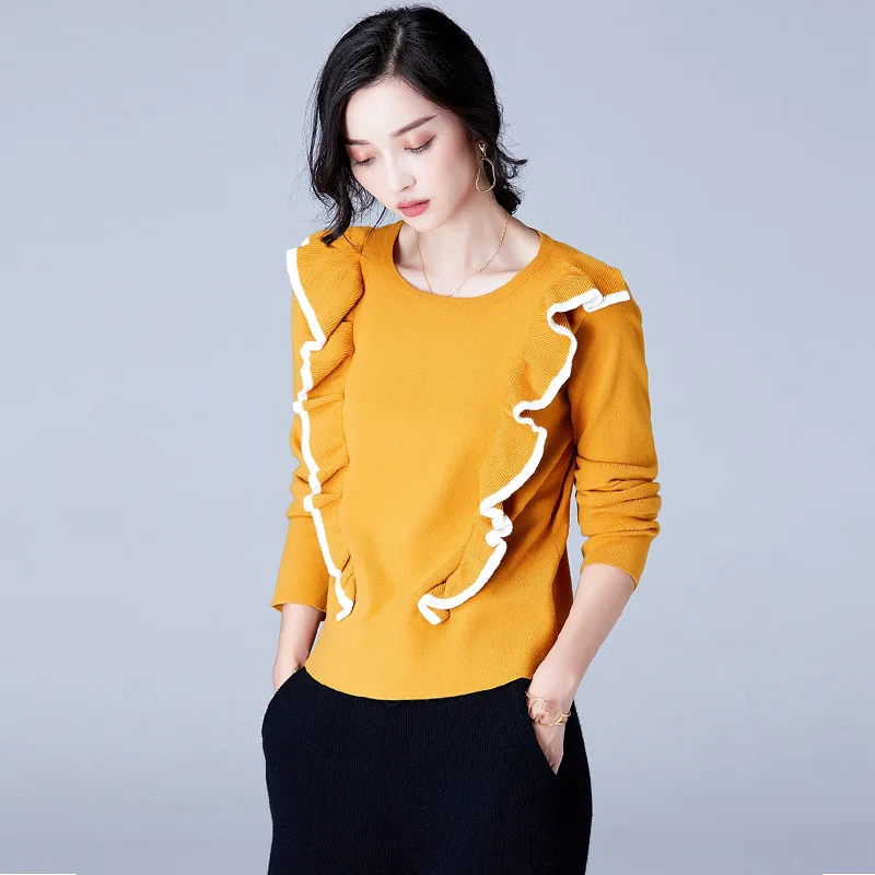 Женский трикотажный пуловер с круглым вырезом свитер рюшами и длинными рукавами